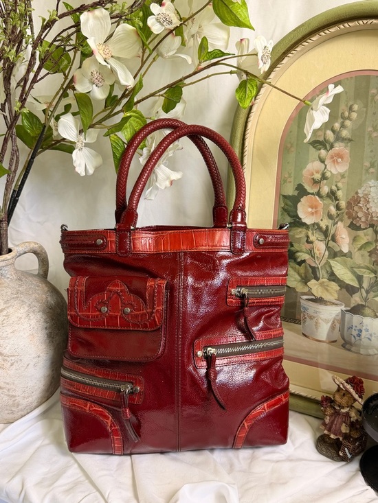Brighton Handbags - Vintage Brighton Red Leather Patent Crossbody Tote with Multiple Zip Pockets